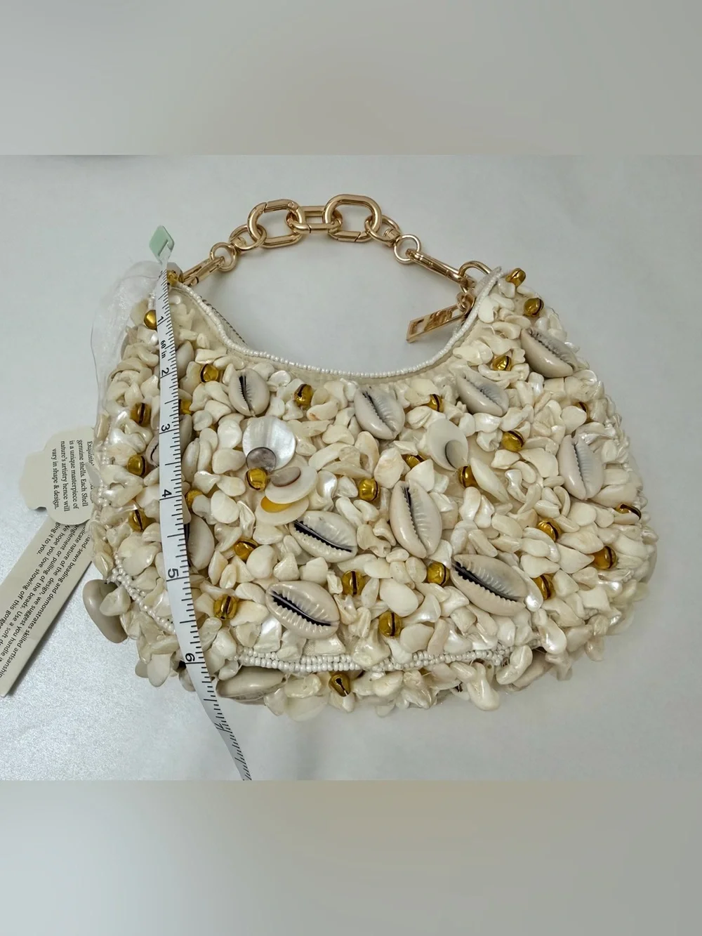Handcrafted Shell-Embellished Women's Shoulder Bag - Cream & Gold